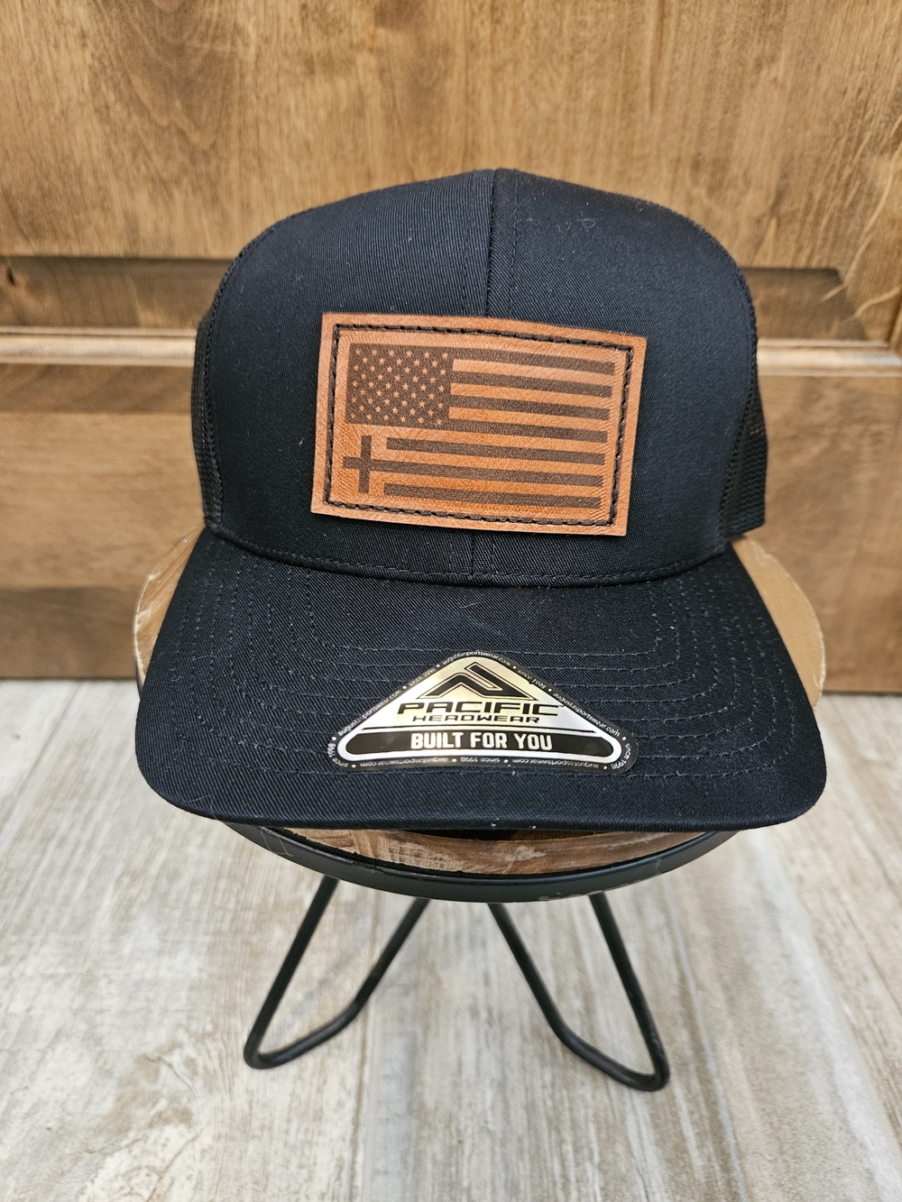 Black Trucker Hat with Brown Leather Flag Patch